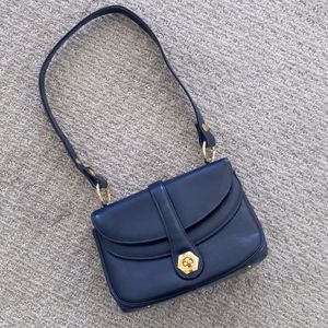 Vintage Celine-Style Navy Blue Leather Bag w/Gold Hardware